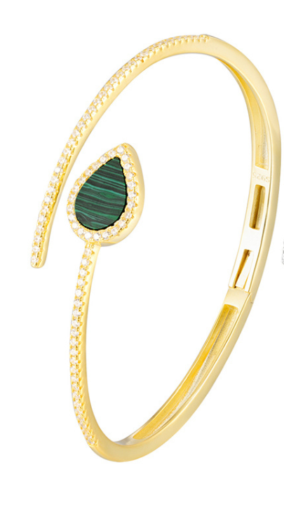 Gold Plated Sterling Silver Malachite & CZ Hinged Bangle