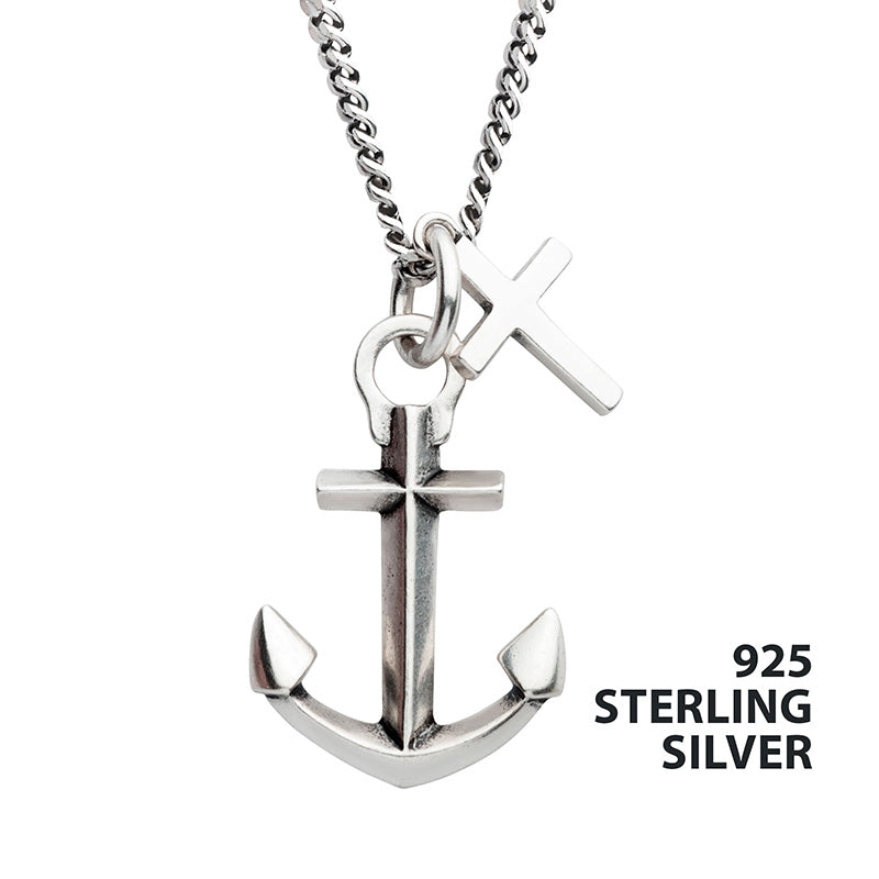 925 Silver Oxidized Anchor & Cross Duo Pendant with Chain
