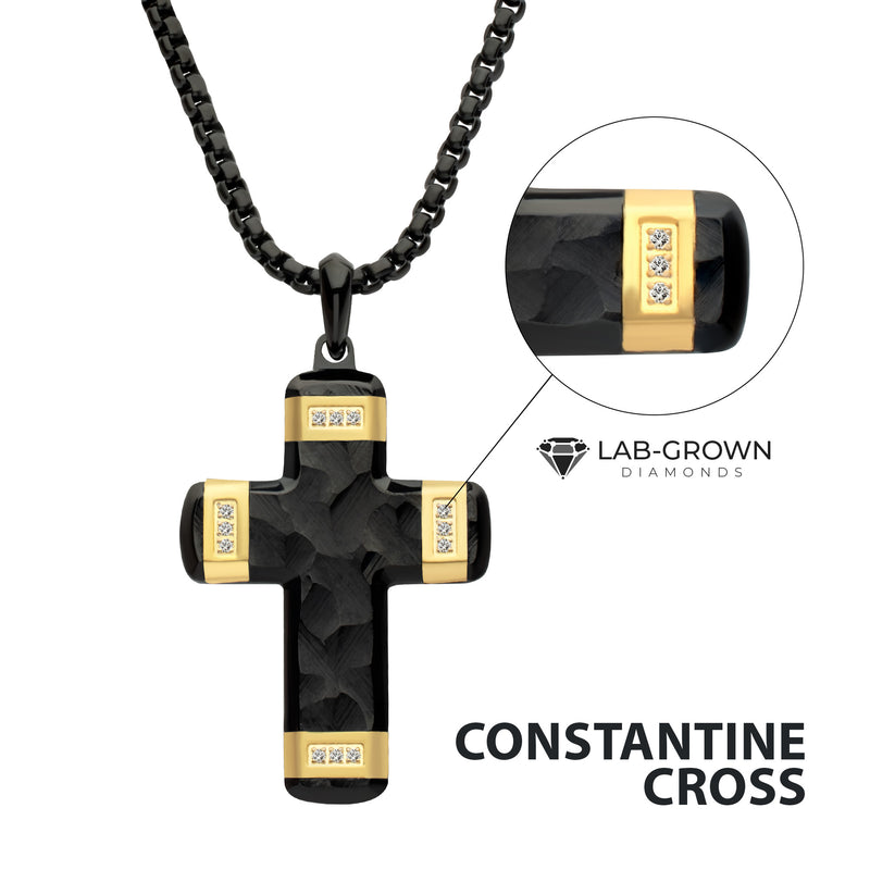 Matte Finish Black IP Carved Steel Small Cross Pendant with 18Kt Gold