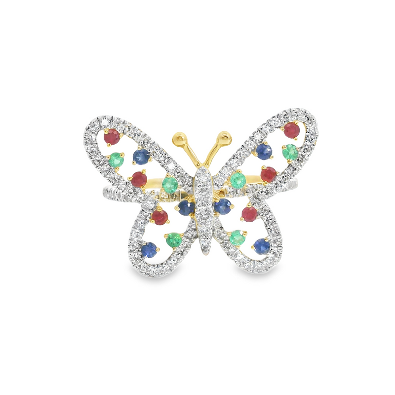 10K YG Ruby, Emerald, Sapphire & Diamond Butterfly Ring