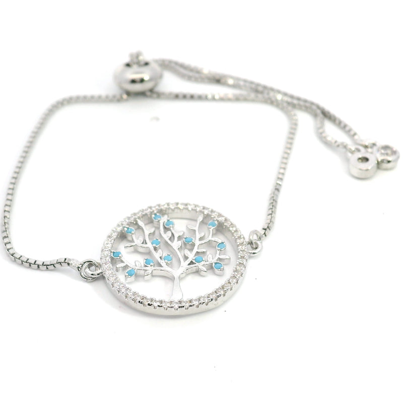 Silver Tone Tree of Live Lariat Style Bracelet with Turquoise & Clear CZ's
