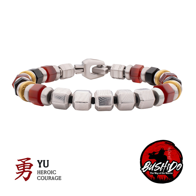 8mm Mokume Gane, Red Agate and Onyx Beads Bushido Virtue Bracelet