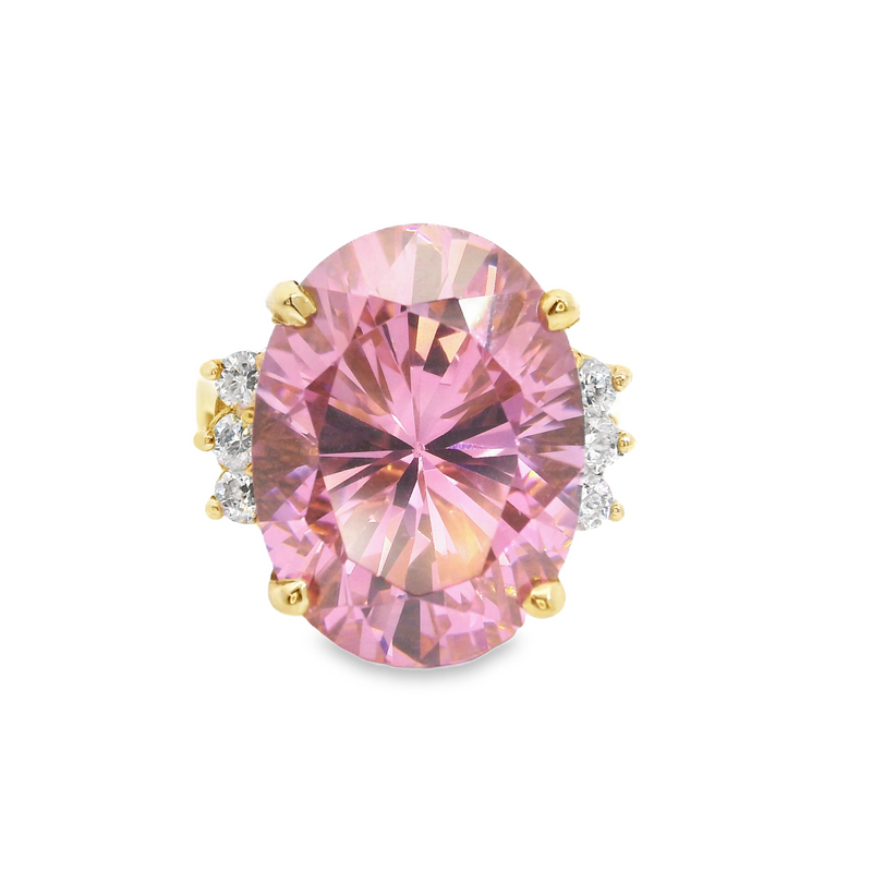 10K YG Oval Shape Pink CZ & Diamond Ring