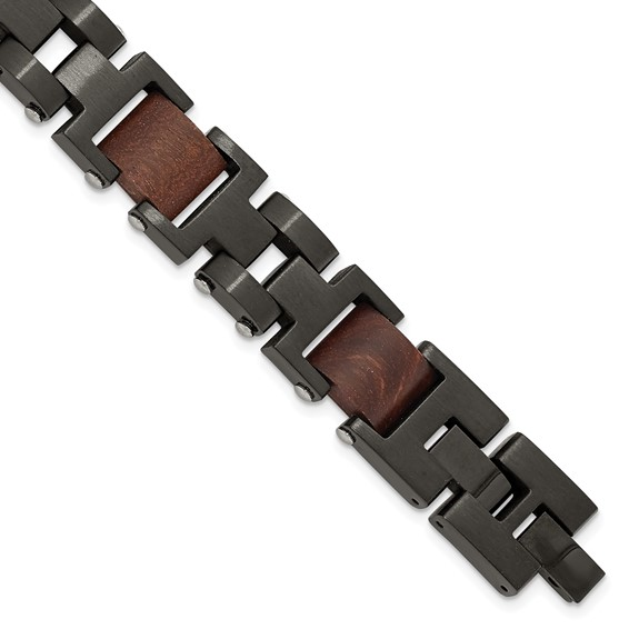 Black Plated Stainless & Wood Inlay Bracelet