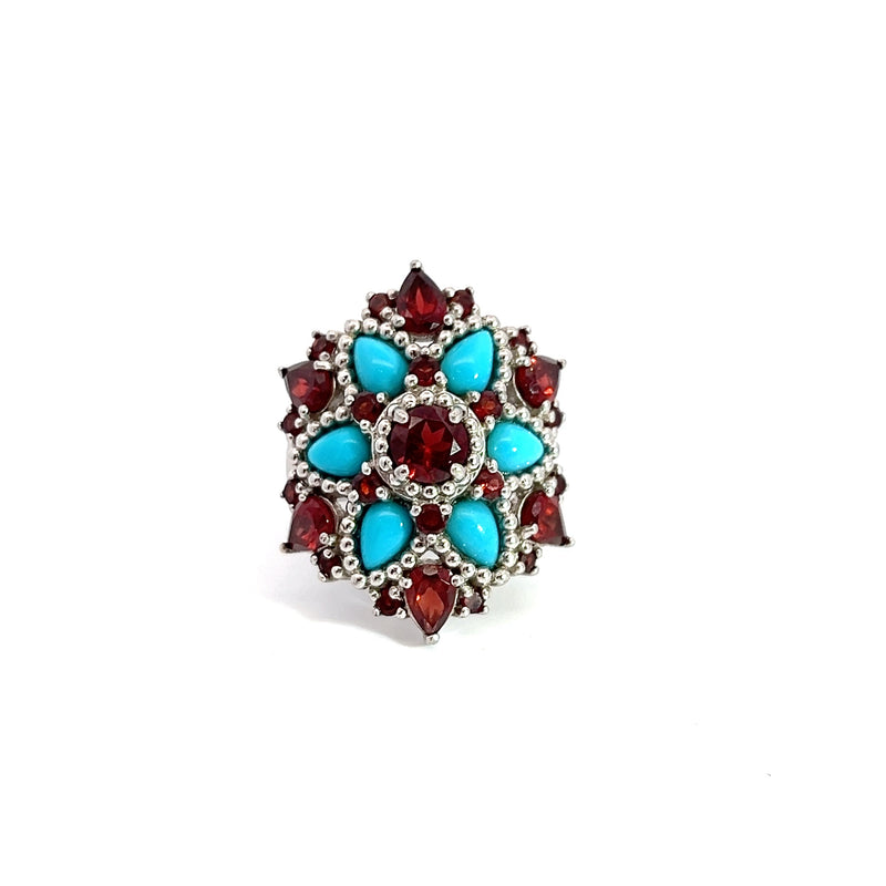 Sterling Silver Turquoise & Garnet Ring