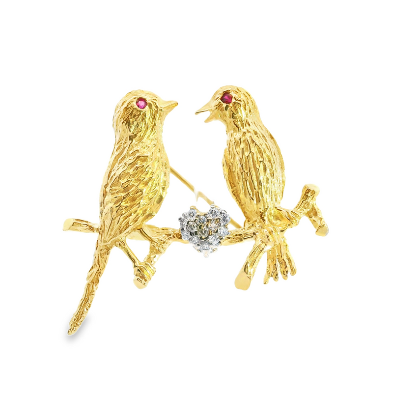 14K YG Ruby & Dimaond Love Bird Brooch