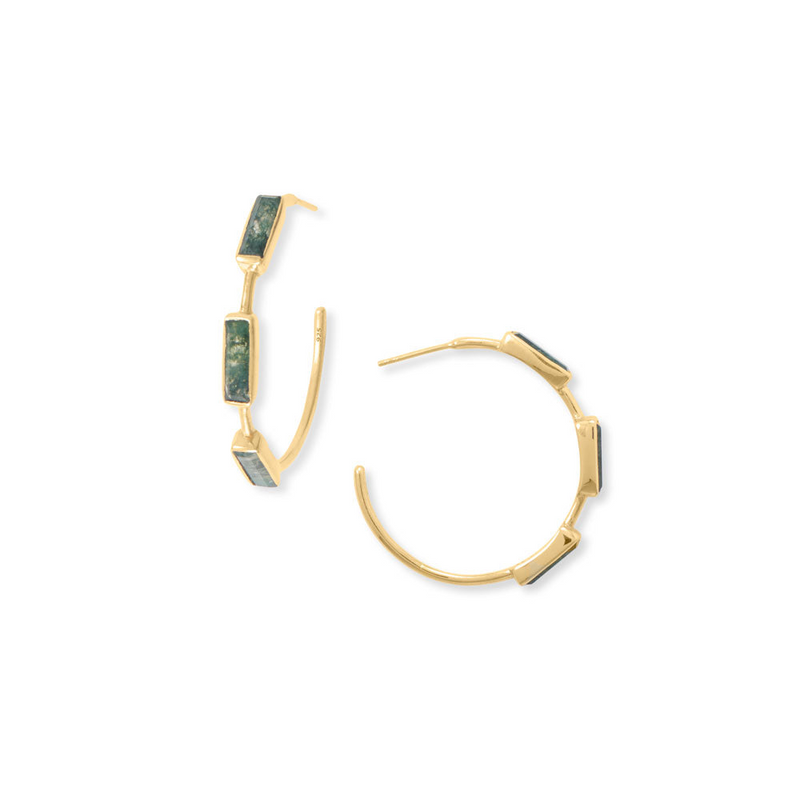 14 Karat Gold Plated Moss Agate Hoop Earrings