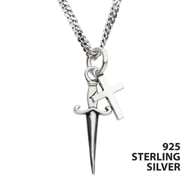 925 Silver Oxidized Dagger & Cross Duo Pendant with Curb Chain