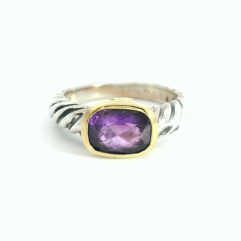 David Yurman Sterling Silver & 18K Yellow Gold Amethyst Ring Size 5.75
