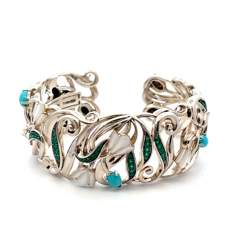 Sterling Silver White Mother of Pearl, Turquoise & Green Agate Bracelet