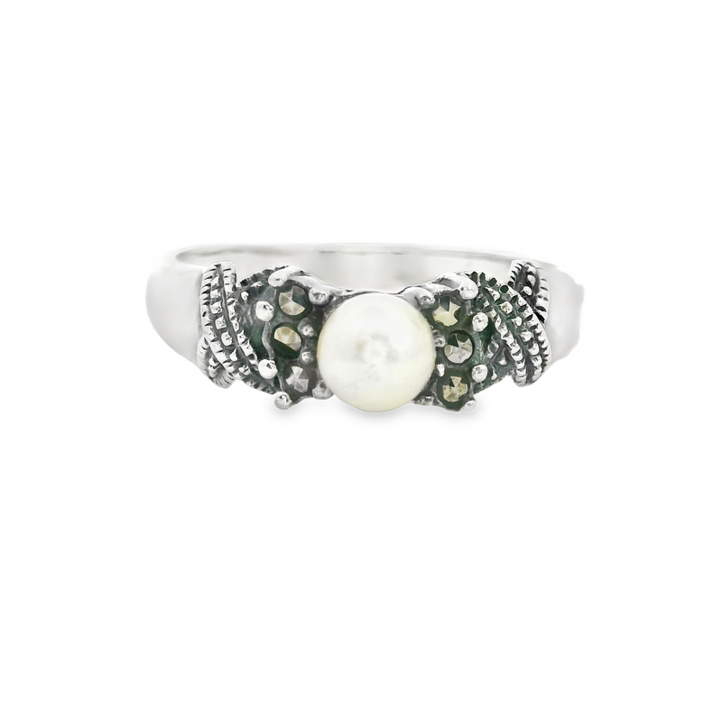 Sterling Silver Pearl & Marcasite Ring