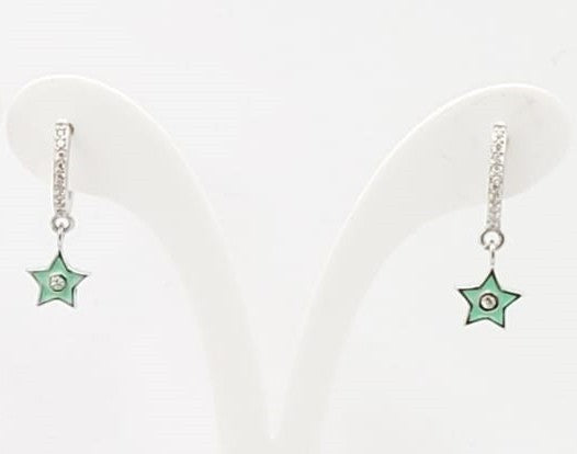 Sterling Silver Blue Enamel & CZ Star Dangle Hoop Earrings