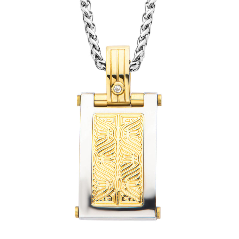 Diamond Gold IP Steel Intricate Carved Pattern Dog Tag Pendant with Steel Wheat Chain