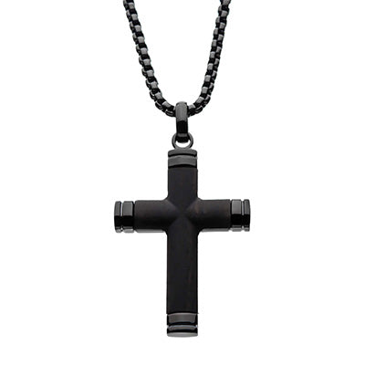 Black IP Genuine Ebony Wood Inlayed Cross Pendant