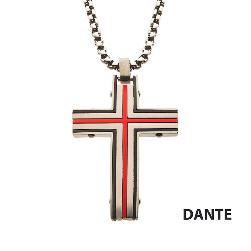 Steel & Red IP Dante Cross Pendant with Chain