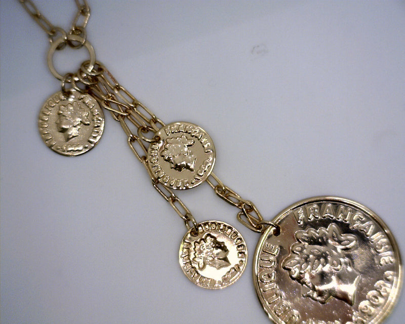 18K YGP Paperclip Necklace With Hanging Coin Charms 22-26