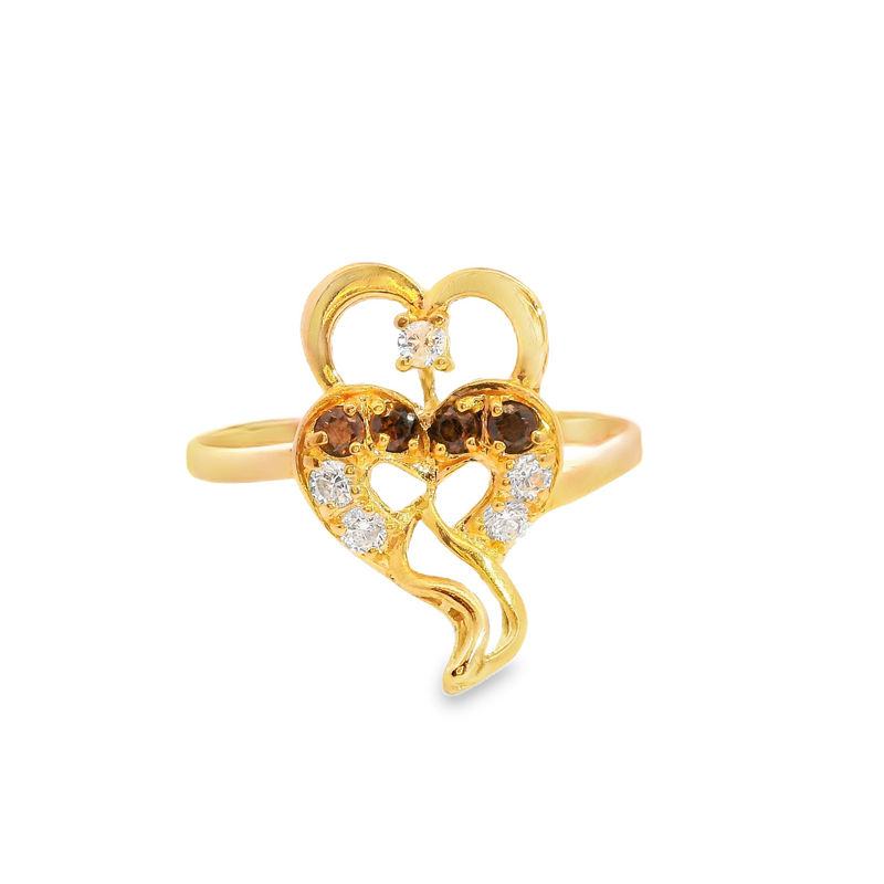 22K YG White and Brown CZ Heart Ring