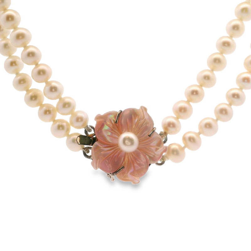 Double Strand Pearl Necklace with Mohter of Pearl Flower Clasp
