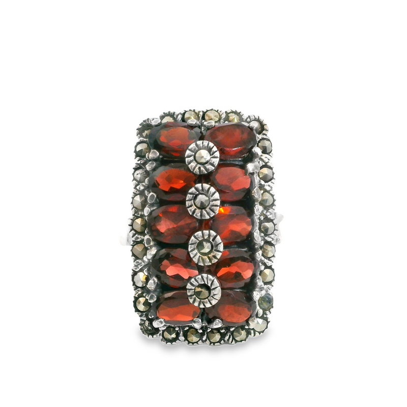 Sterling Silver Garnet & Marcasite Ring