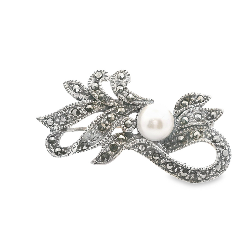 Sterling Silver Marcasite & Pearl Brooch Pin