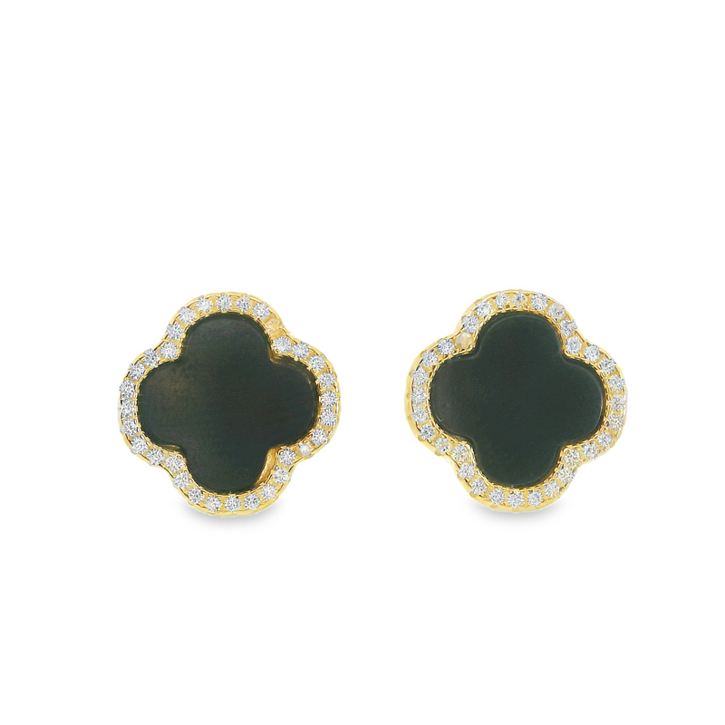 Gold Plated Sterling Silver Black Onyx & CZ Clover Earrings.