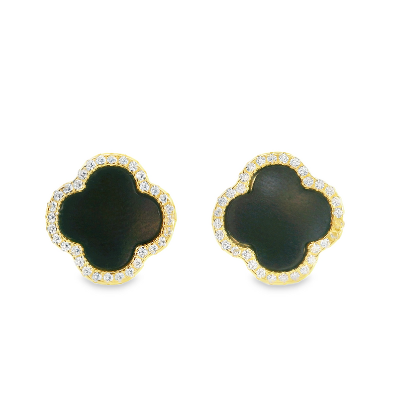 Gold Plated Sterling Silver Black Onyx & CZ Clover Earrings.