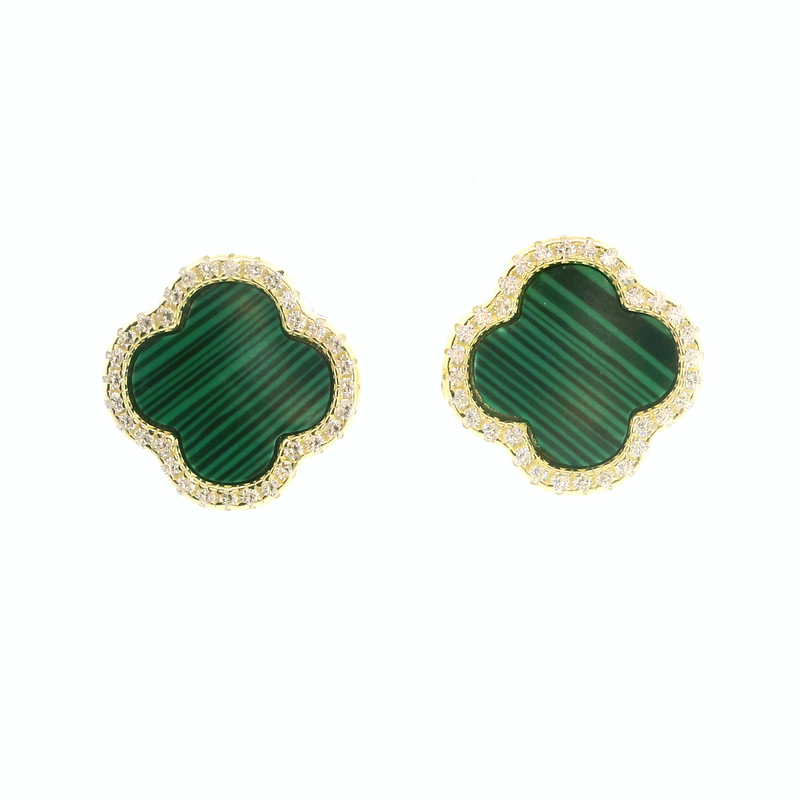Gold Plated Sterling Silver Malachite & CZ Clover Earrings.