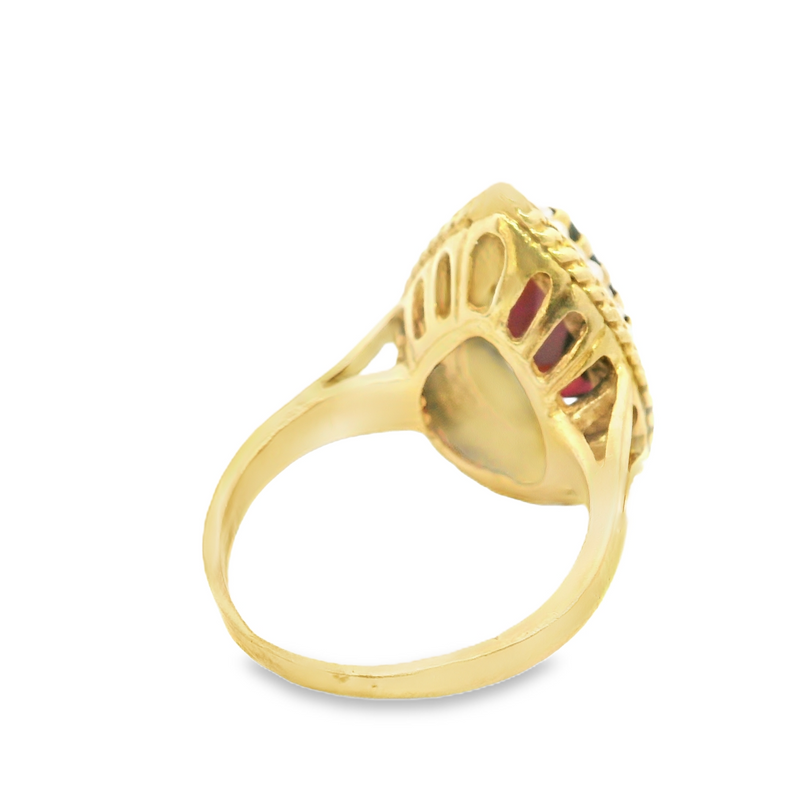 14K YG GARNET/SEED PEARL RING