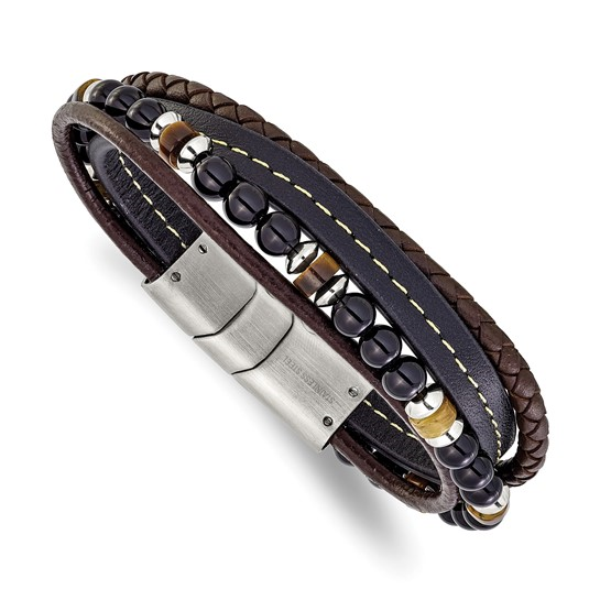 Black & Brown Leather Stainless Steel Bracelet with Onyx & Tiger Eye