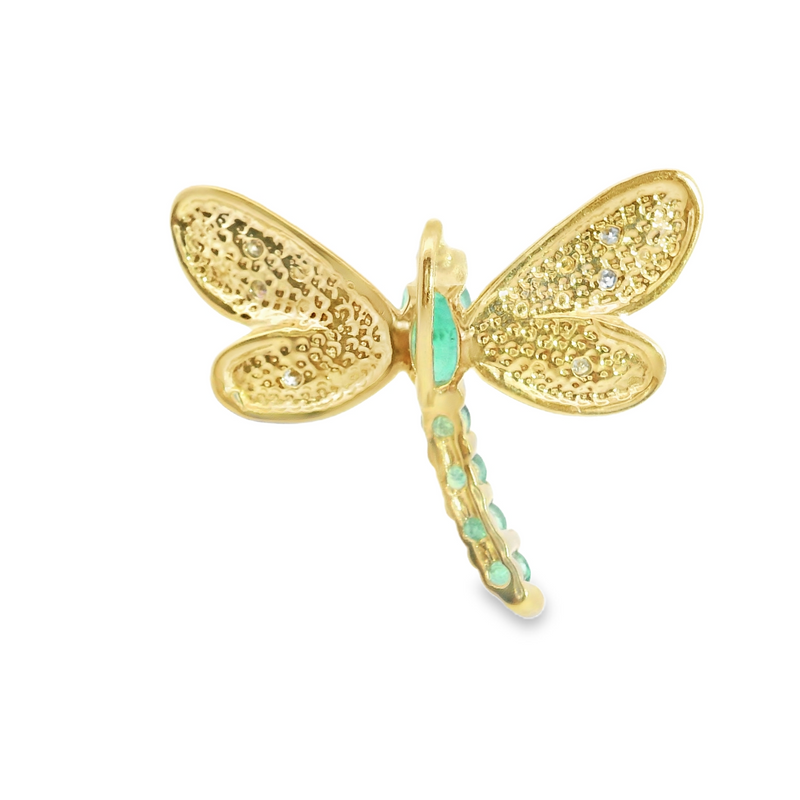 14K YG Emerald & Diamond Dragonfly Pendant