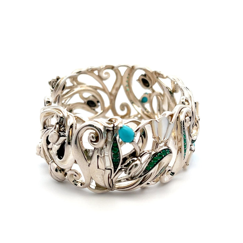 Sterling Silver White Mother of Pearl, Turquoise & Green Agate Bracelet