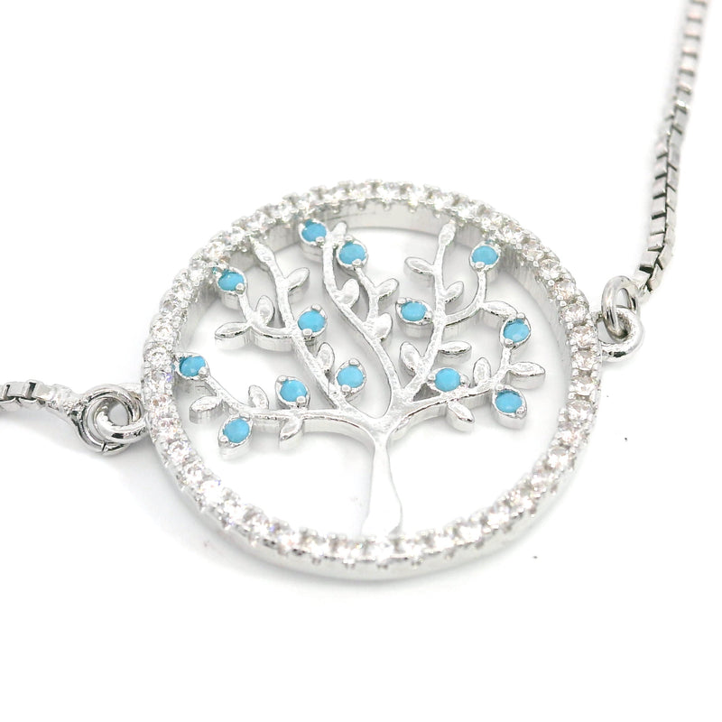 Silver Tone Tree of Live Lariat Style Bracelet with Turquoise & Clear CZ's