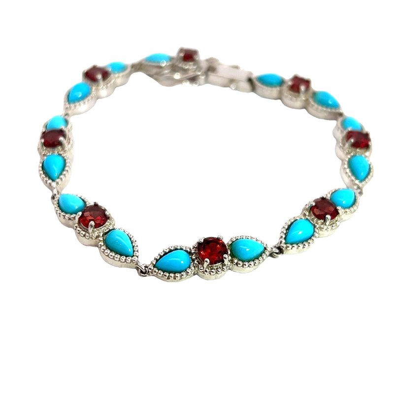 Sterling Silver Sleeping Beauty Turquoise & Garnet Bracelet