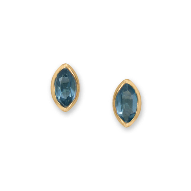 14 Karat Gold Plated Marquise Blue Glass Stud Earrings