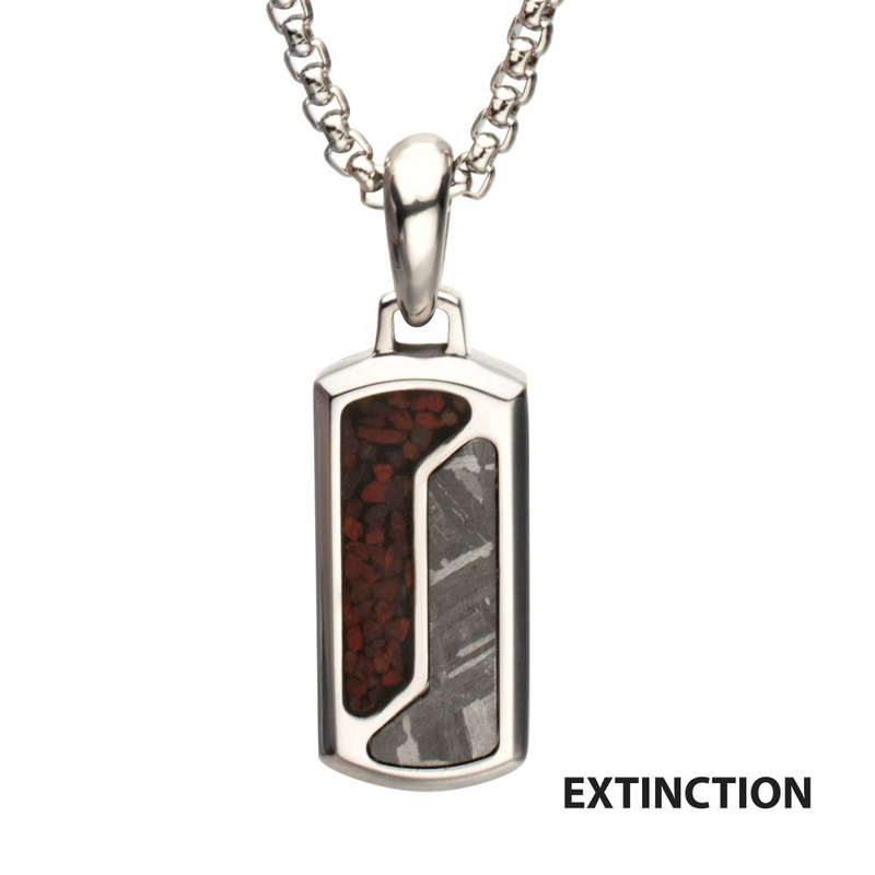 Steel, Dino & Meteorite Inlay Dog Tag Pendant
