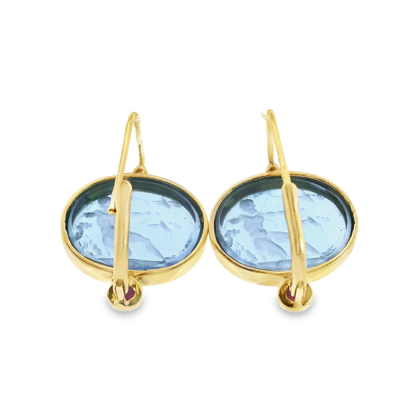 14K YG Carved Glass & Ruby Earrings