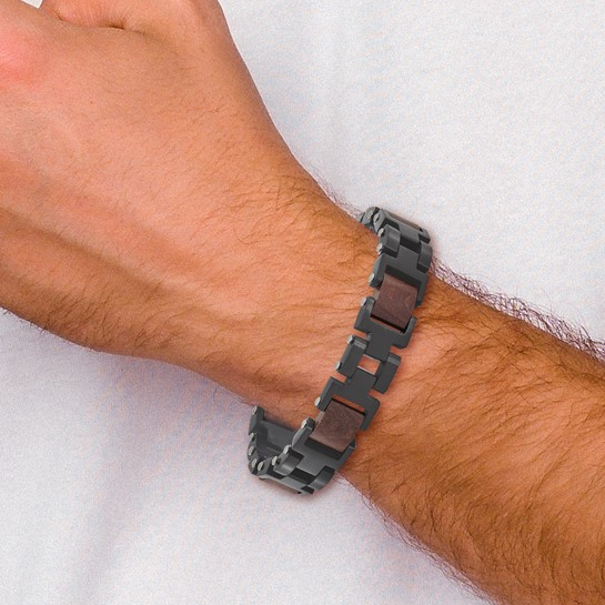 Black Plated Stainless & Wood Inlay Bracelet