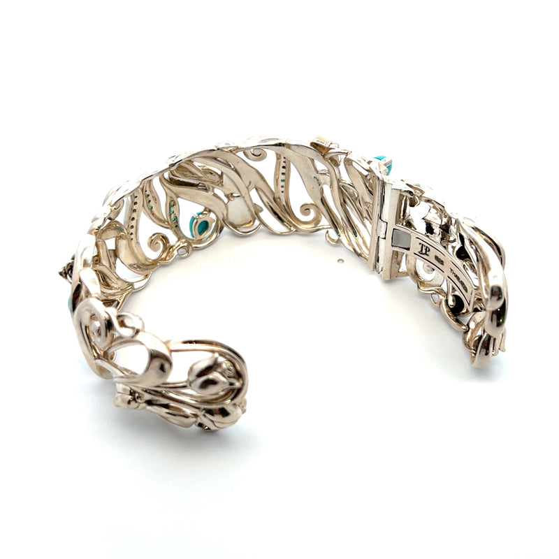 Sterling Silver White Mother of Pearl, Turquoise & Green Agate Bracelet