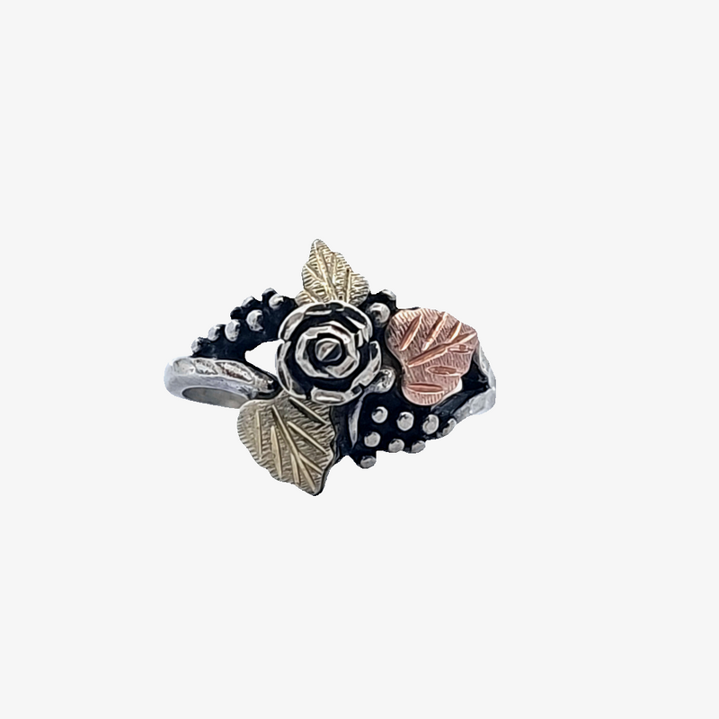 Sterling Silver Flower & Leaf Ring with 12K Rose & Yellow Gold Accents