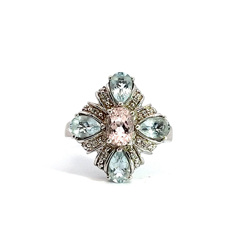 Sterling Silver Morganite, Aquamarine & Diamond Ring