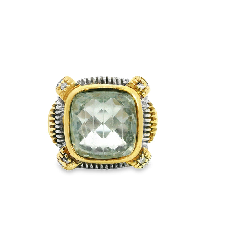 Sterling Silver & 18K YG Prasiolite & Diamond Ring