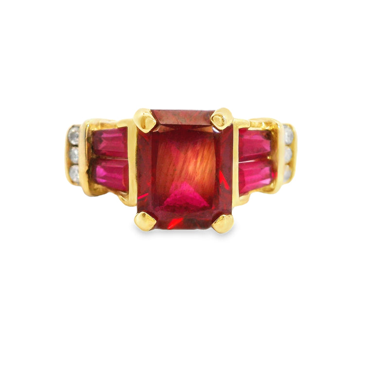 10K YG Synthetic Red Stone & Diamond Ring