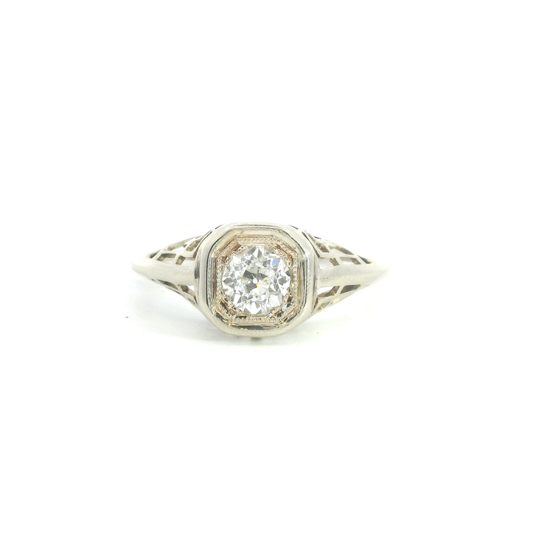 14K WG Vintage Old Mine Cut Diamond Ring