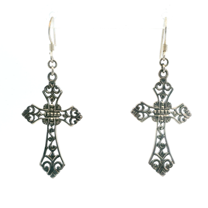 Sterling Silver Filigree Cross Dangle Earrings