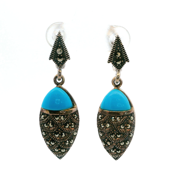 Sterling Silver Turquoise & Marcasite Drop Earrings