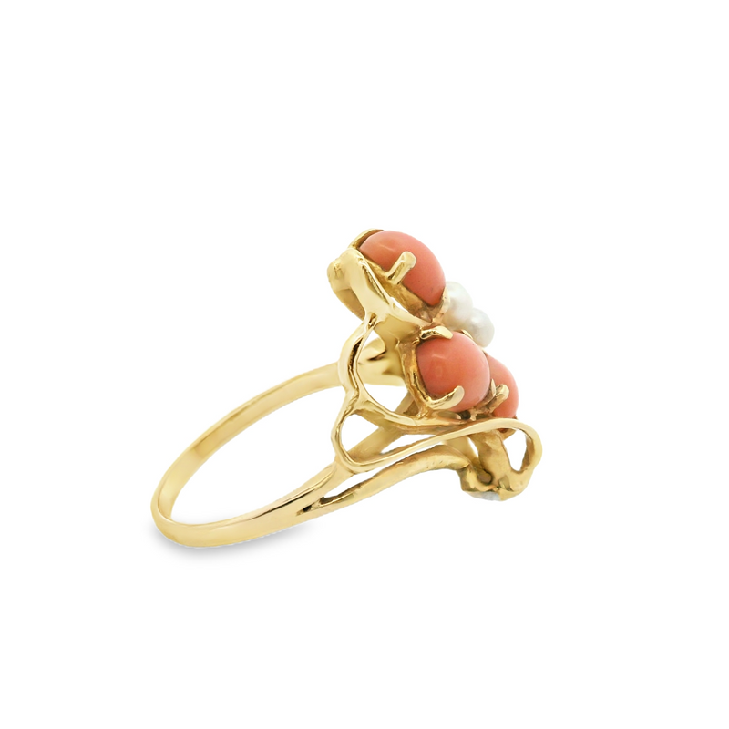 14K YG Coral & Pearl Ring
