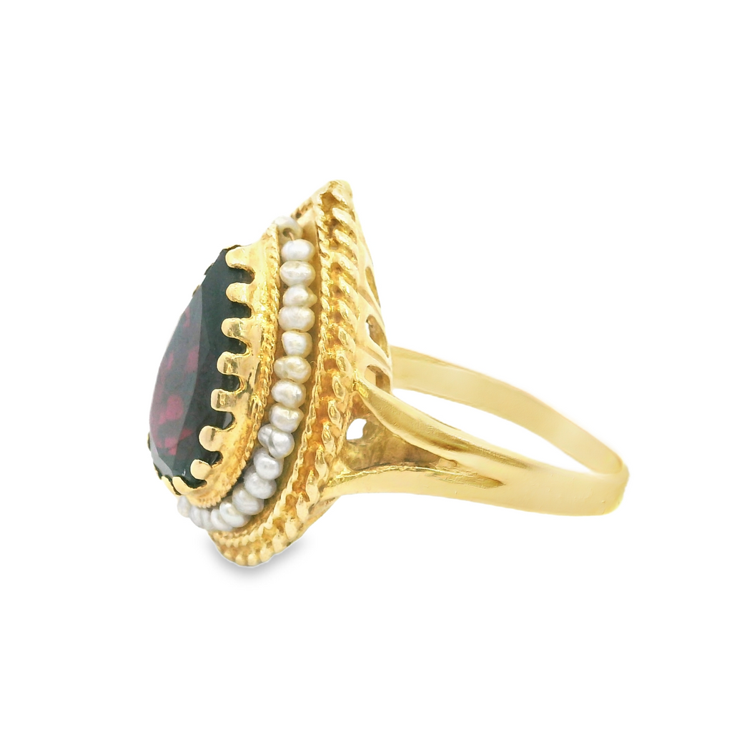 14K YG GARNET/SEED PEARL RING