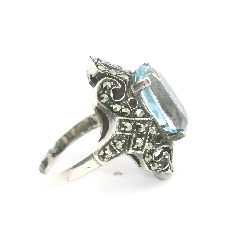 Sterling Silver Blue Topaz & Marcasite Ring