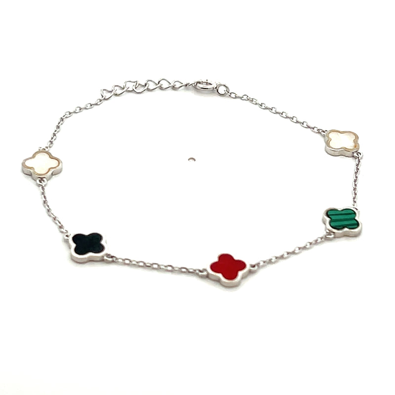 Sterling Silver Multi Gemstone Clover Station Bracelet