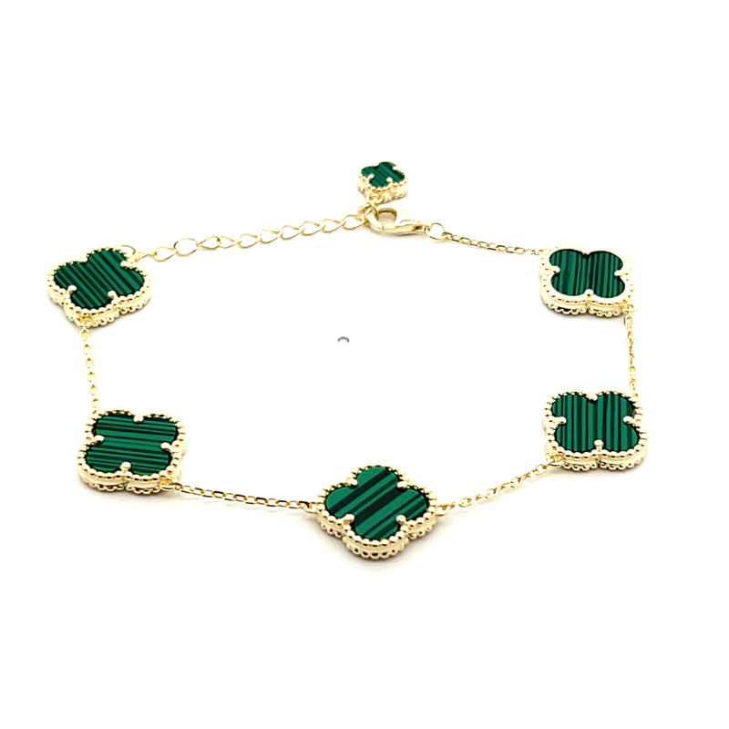 Gold Plated Silver with Malachite Clover Station Bracelet